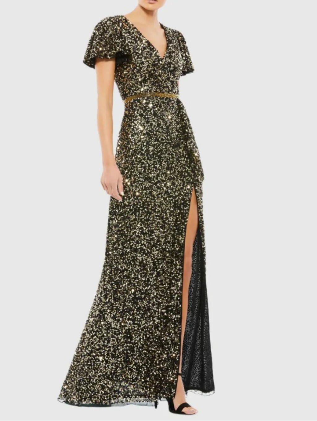 Ma Duggal Sequined Wrap Over Butterfly Sleeve Draped Gown - 12
